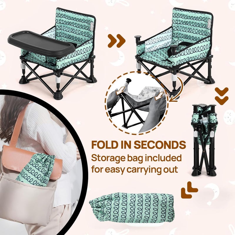 AskCat Toddler Booster Seat for Dining Table & Kitchen Chair - Portable Foldable with Removable Tray, Baby Camping Chair 6-36 Months Indoor Outdoor (Green Stripe) - Image 2